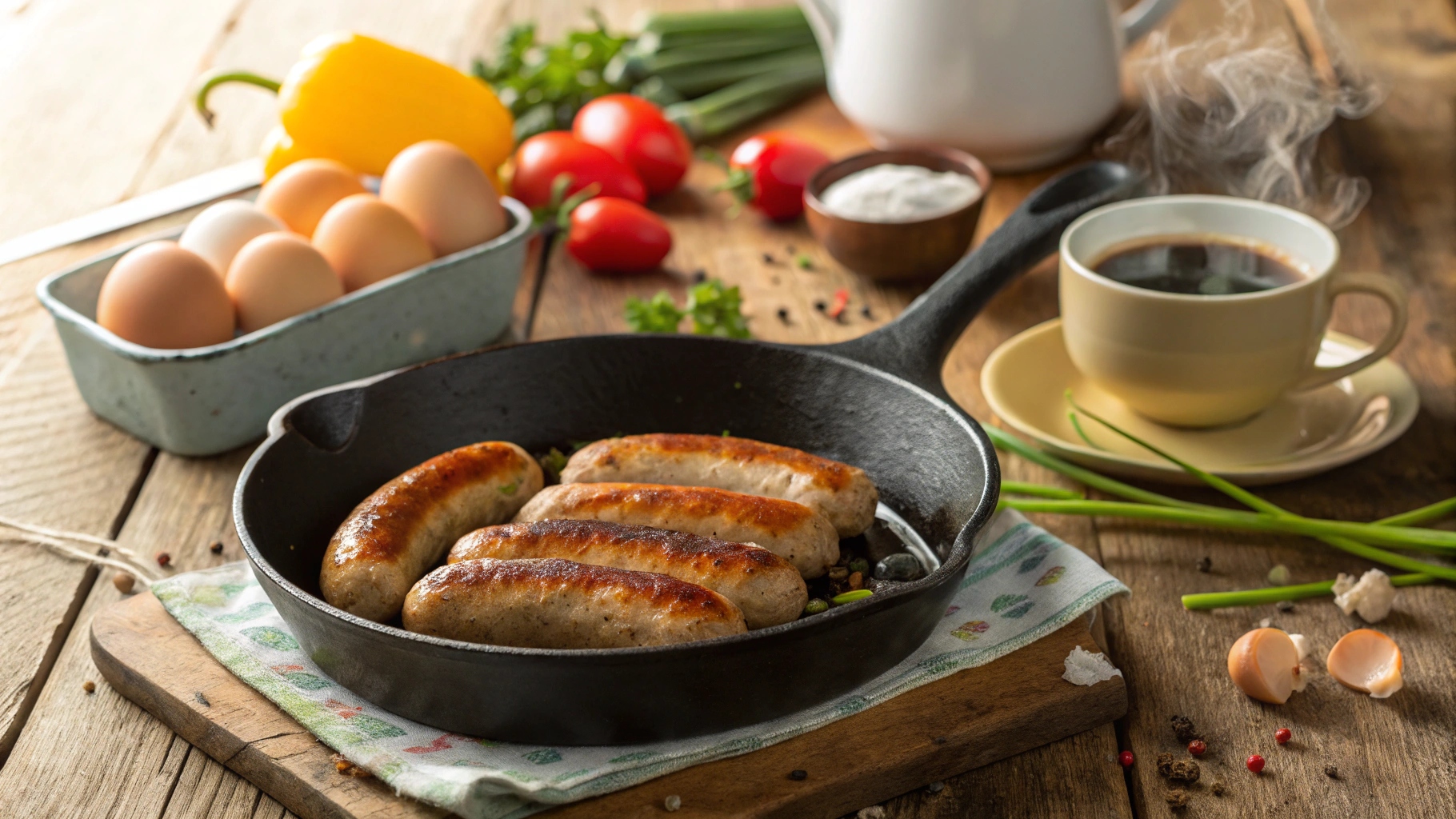 sizzling chicken breakfast sausage in a bright morning scene