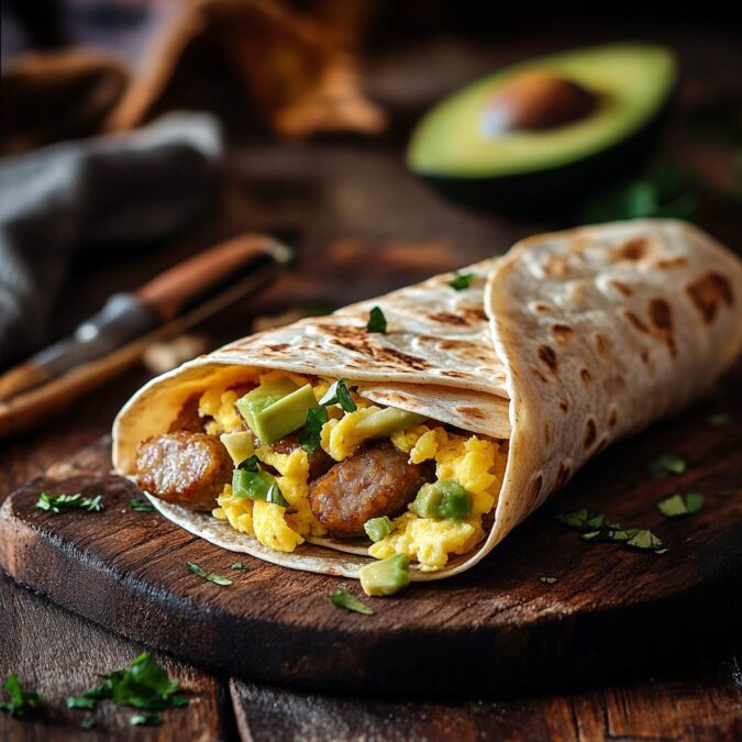 breakfast wrap with chicken sausage, eggs, and avocado