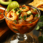 Mexican Coctel de Camarón served in a glass with shrimp, avocado, and lime.