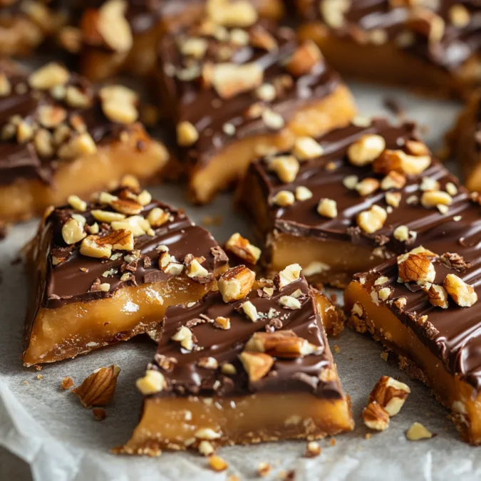 Homemade toffee candy with chocolate and nuts.