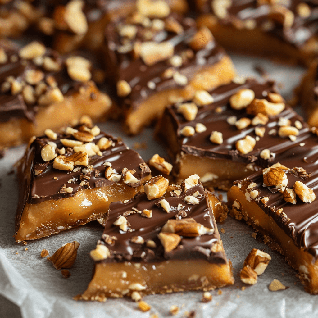 Homemade toffee candy with chocolate and nuts.