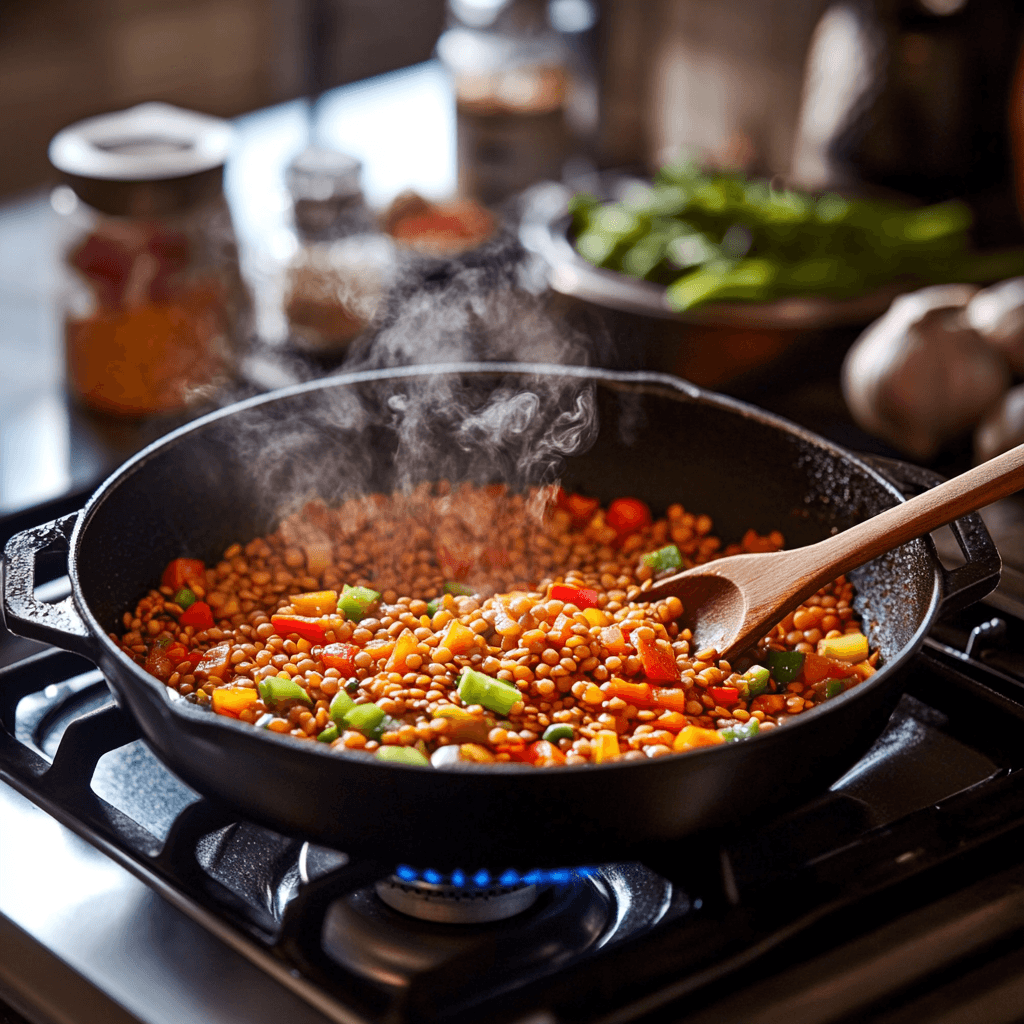 A wooden spoon stirring a steaming pot of lentil soup, filled with red and green vegetables, brown beans, and wheat sprouts, in a warm kitchen setting.