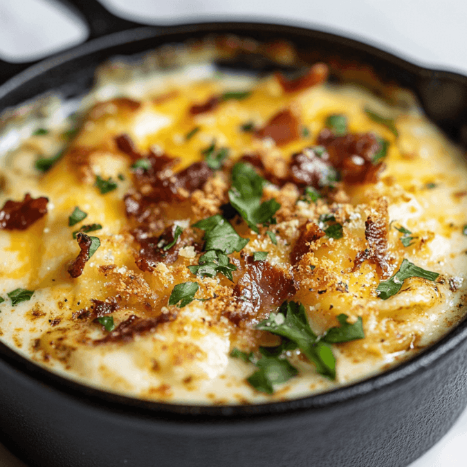 A piping hot Zuppa Toscana Casserole with bubbling cheese, crispy bacon, and fresh herbs in a rustic cast iron dish on a white marble countertop.