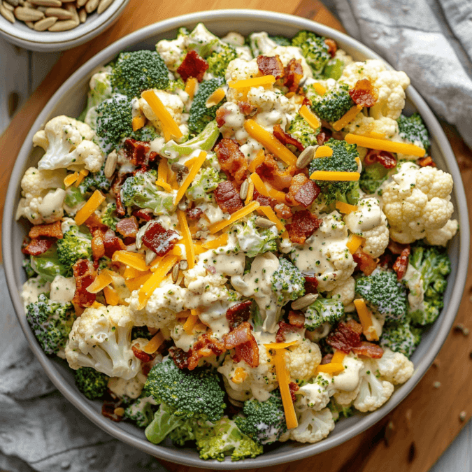 Fresh broccoli cauliflower salad in a bowl
