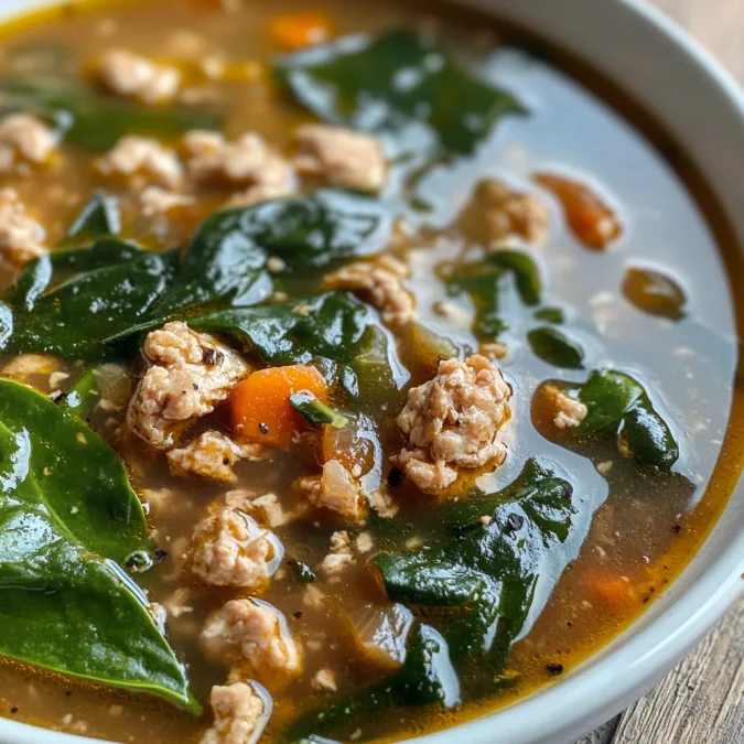 A steaming bowl of chicken spinach soup garnished with fresh herbs.