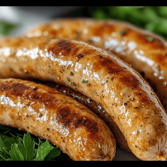 "Close-up of golden-brown Chicken Breakfast Sausage with visible herbs and spices, taken from a slightly oblique angle for a homemade feel.