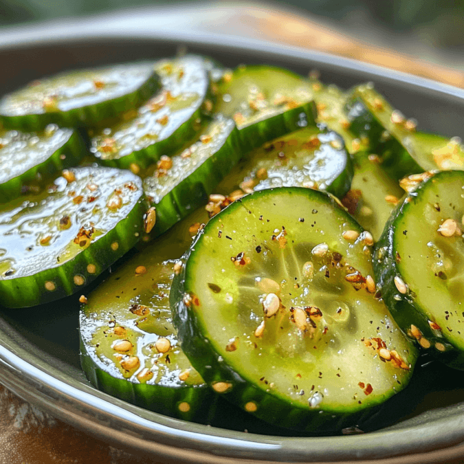 Juicy, mouthwatering viral cucumber salad with sesame seeds and chili flakes.
