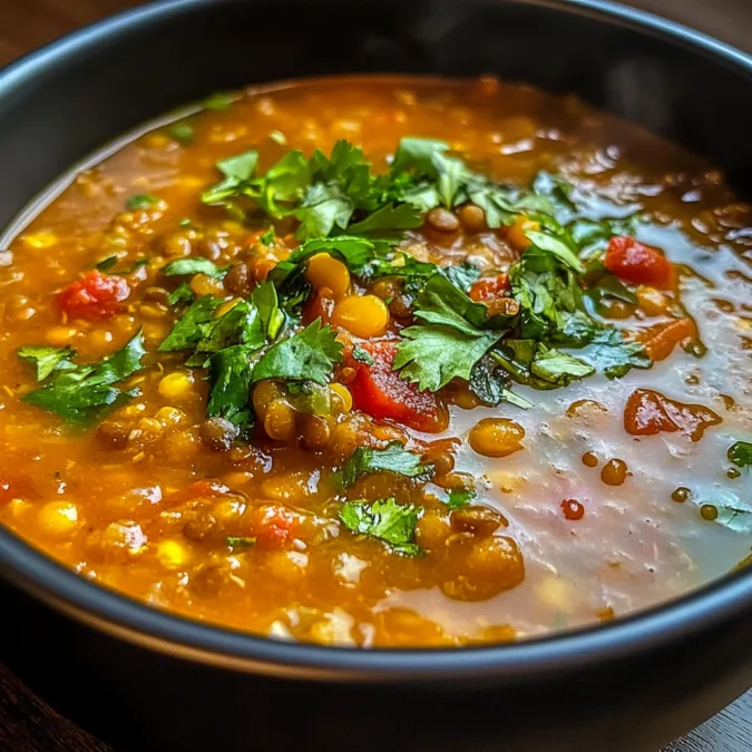 A close-up of a homemade Mexican lentil soup, garnished with cilantro and lime, showcasing its rich texture and fresh ingredients.
