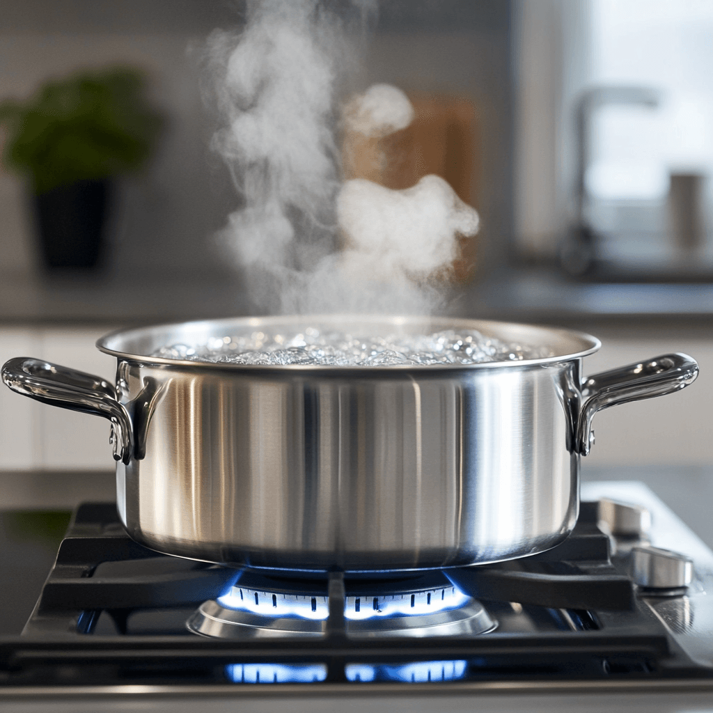 A large pot of water boiling on a stovetop, with steam rising.