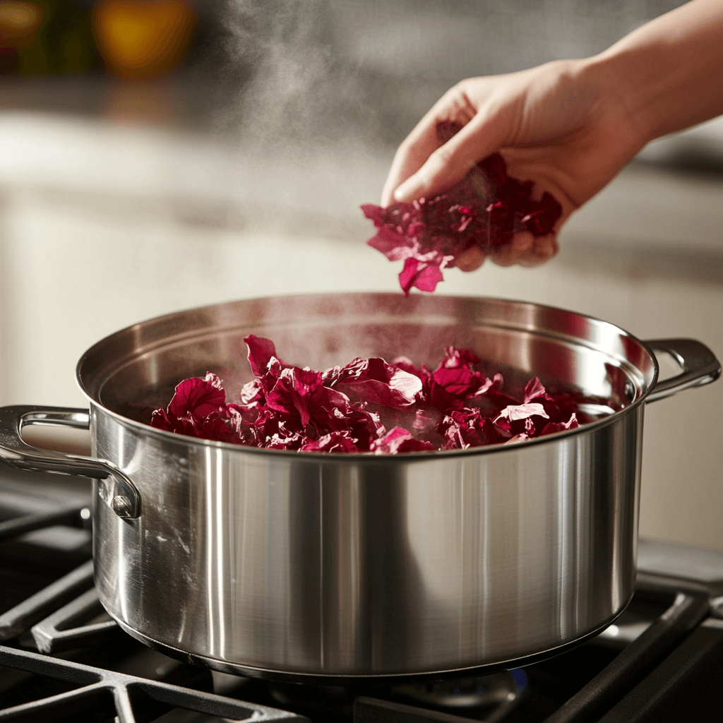 Dried hibiscus flowers being added to a pot of boiling water.