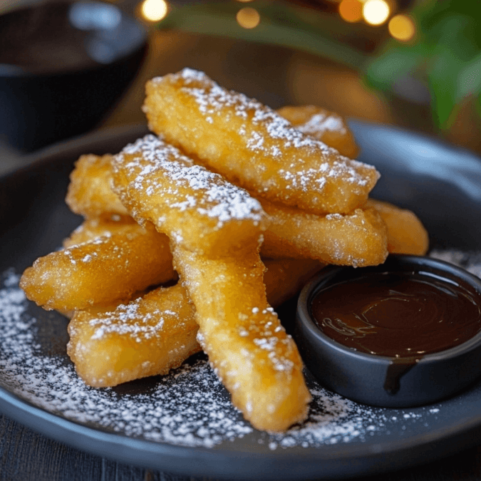 A plate of crispy banana tempura with chocolate sauce.