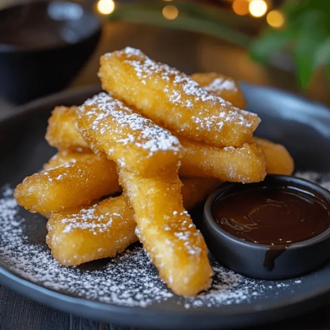 A plate of crispy banana tempura with chocolate sauce.