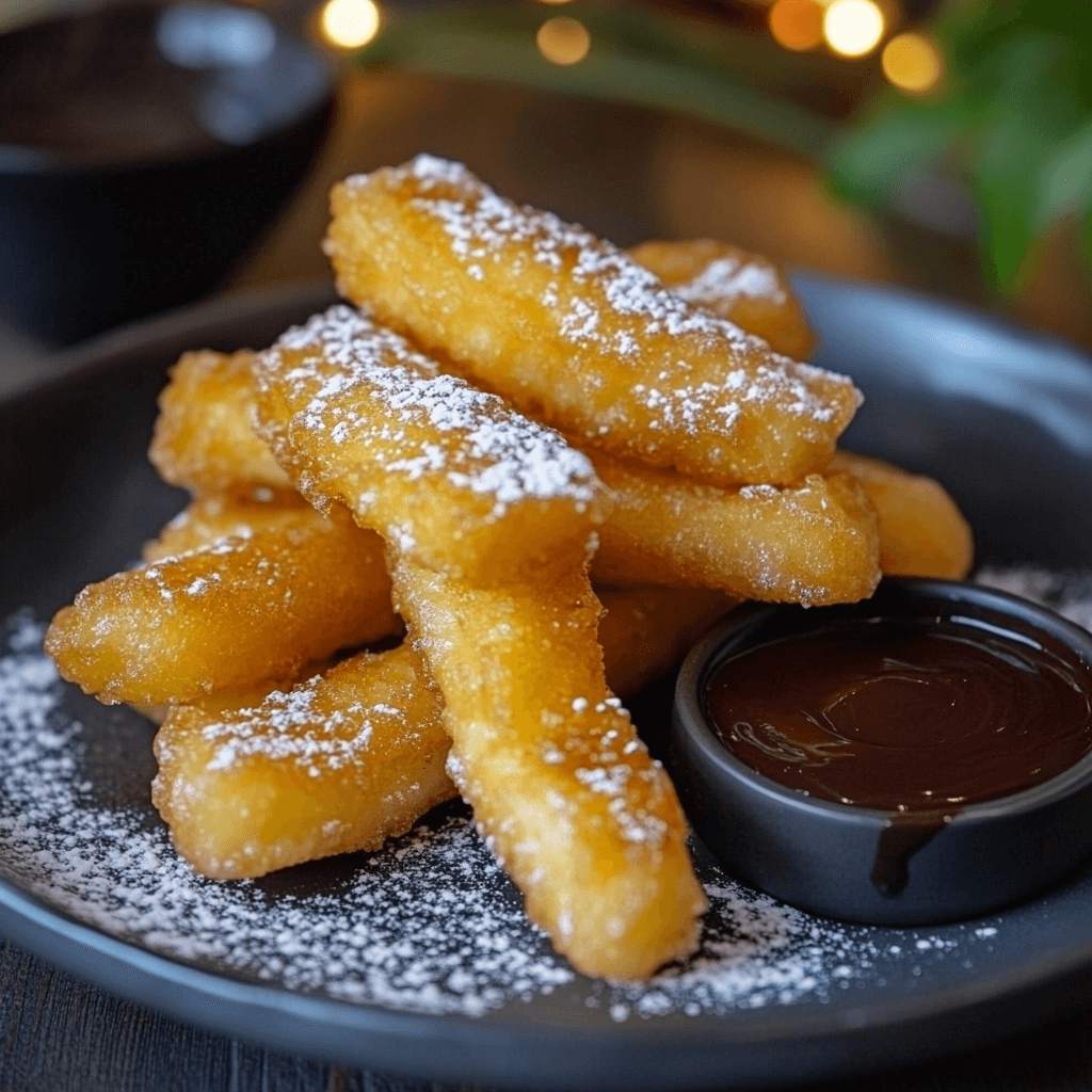 A plate of crispy banana tempura with chocolate sauce.