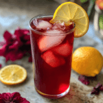 Agua de Jamaica in a pitcher with lime slices.