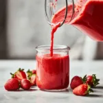 Fresh strawberry puree being poured from a glass measuring cup into a clear jar, surrounded by whole strawberries on a light surface.