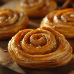 Freshly baked flaky cinnamon danishes on a wooden table with coffee in a cozy kitchen.