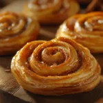 Freshly baked flaky cinnamon danishes on a wooden table with coffee in a cozy kitchen.