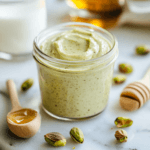 Jar of smooth homemade pistachio cream surrounded by pistachios and honey