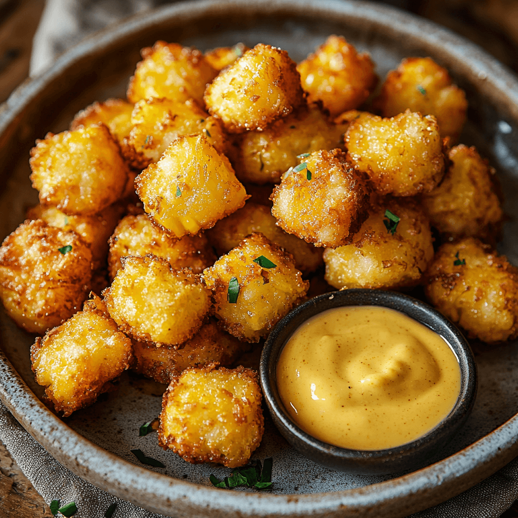 Crispy golden corn nuggets served with honey mustard dipping sauce