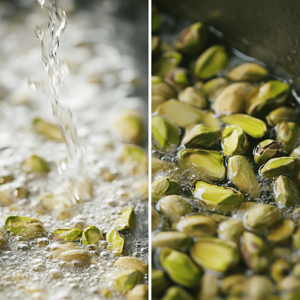 Raw pistachios soaking in water with close-up view of bubbles and nut texture