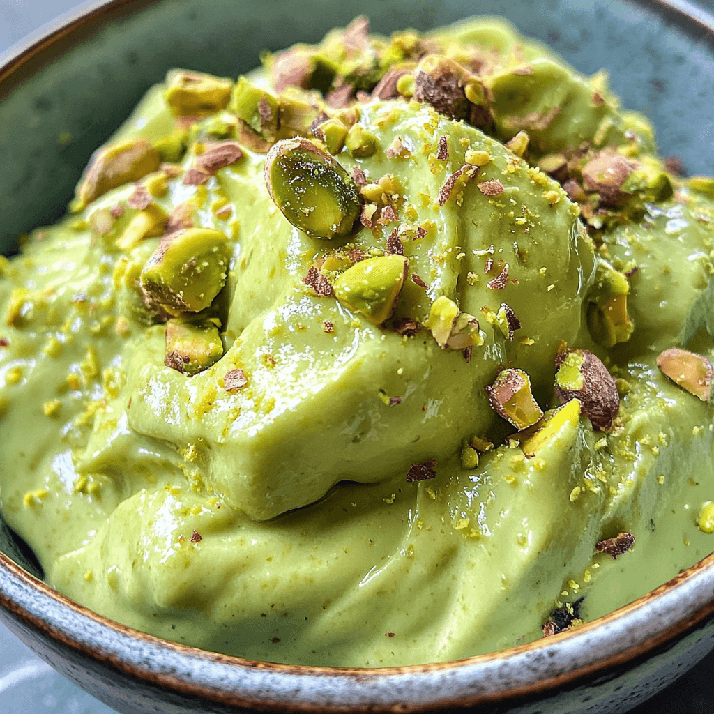 Thick pistachio cream served in a bowl and topped with crushed pistachios