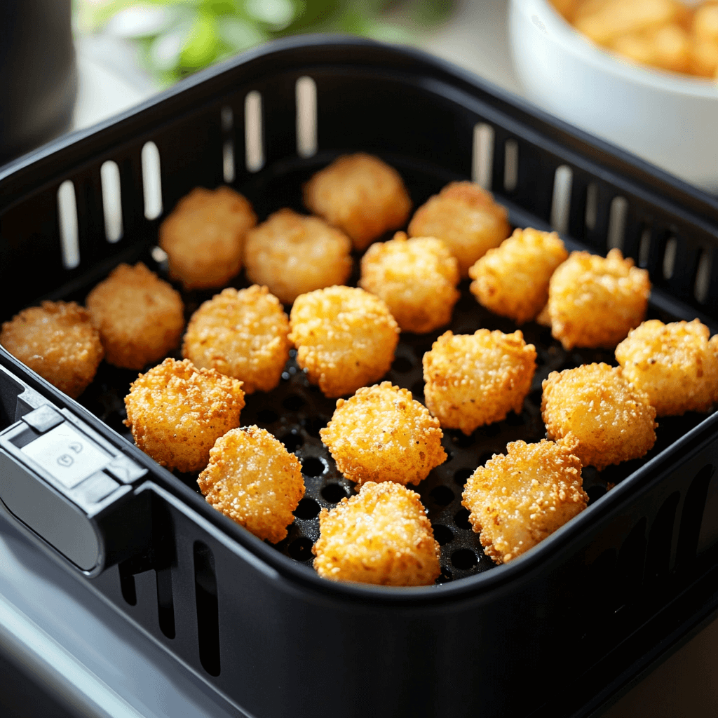 Corn nuggets cooking in an air fryer basket