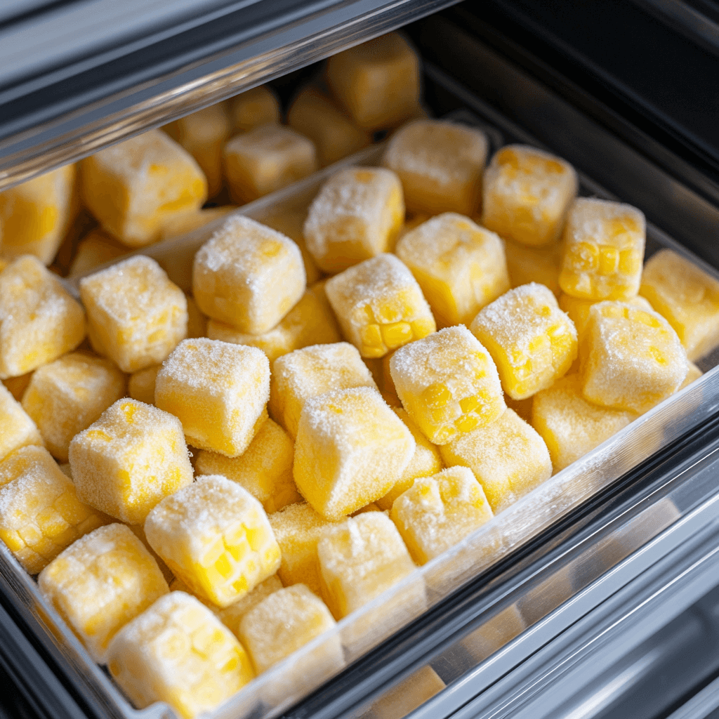 Frozen corn nuggets in a zip-top bag inside a freezer