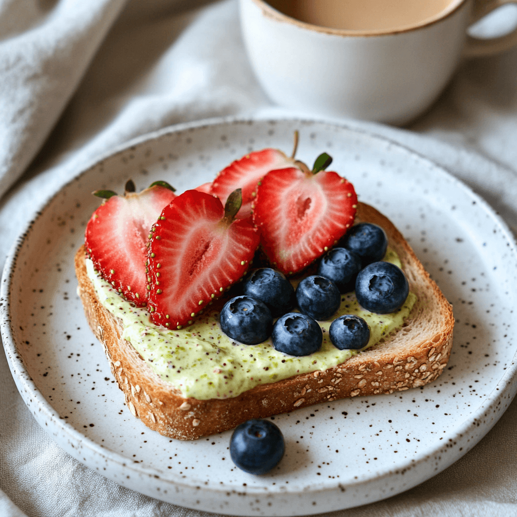 Toast with pistachio cream topped with strawberries and blueberries on a speckled plate
